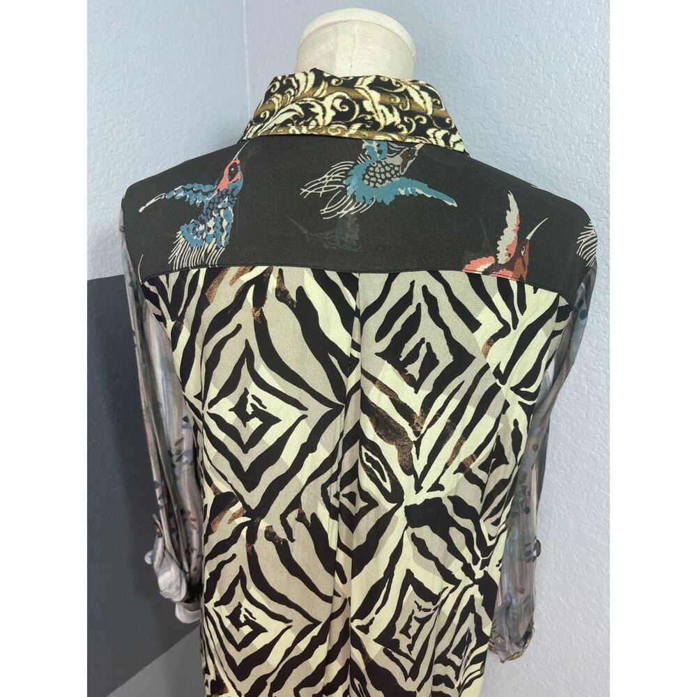 John Mark PM Mixed Print Patchwork Tunic Roll Tab Button Down Blouse Bird Artsy - Picture 5 of 14